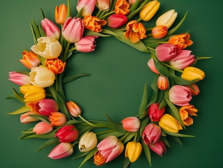 Spring tulip flowers on green background top view in flat lay style. Greeting for Womens or Mothers Day or Spring Sale Banner. Generative AIの素材