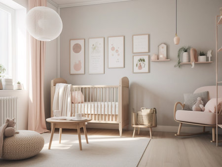 Modern minimalist nursery room in scandinavian style. Baby room interior in light colors, AI generated image.の素材