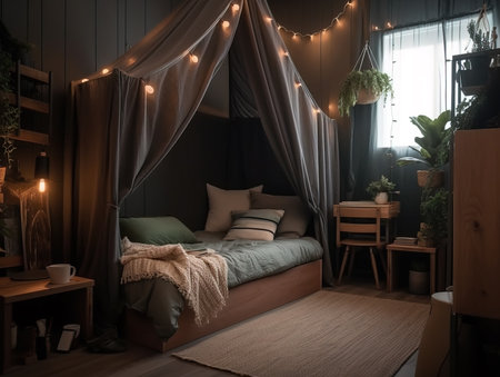 Kids bedroom in dark colors. Cozy kids room interior, scandinavian nordic design with light garlands and soft pillows, tent canopy bed. Children room in evening with lights on. Generative AIの素材