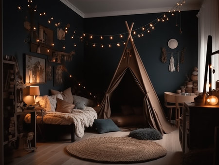 Kids bedroom in dark colors. Cozy kids room interior, scandinavian nordic design with light garlands and soft pillows, tent canopy bed. Children room in evening with lights on. Generative AIの素材