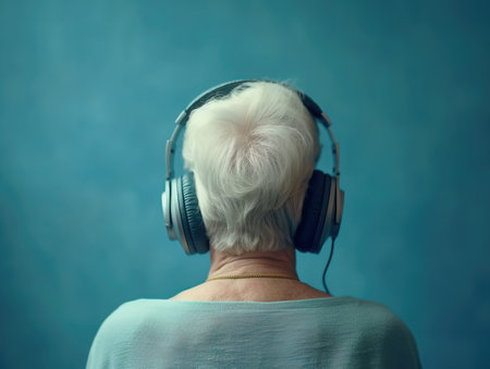 Cheerful elderly woman with headphones, view from the back, on a blue backgroundの素材