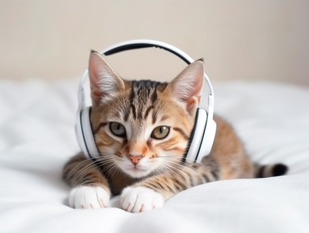 Cat with headphones listening musicの素材