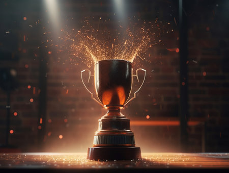 Trophy and confetti on light background, top view with space for text. Victory conceptの素材