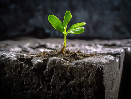 Green sprout growing in stone slab - rebirth, revival, resilience and new life concept.の素材
