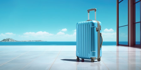 luggage suitcase at the airport wide banner with copy space area for vacations and holiday travel concepts. generative AI.の素材