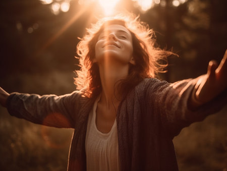 Woman happy breathing at sunlight, with hands to the side, view from the back. generative AIの素材