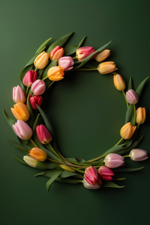 Spring tulip flowers on green background top view in flat lay style. Greeting for Womens or Mothers Day or Spring Sale Banner. Generative AIの素材