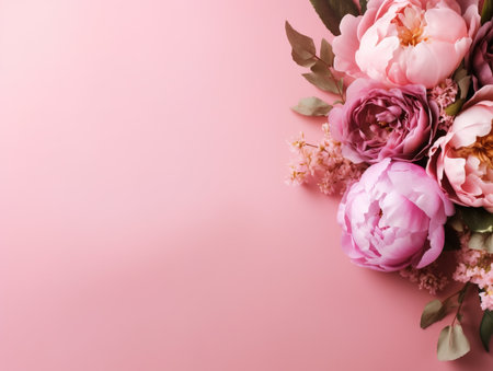 Fresh bunch of pink peonies and roses with copy spaceの素材