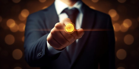 The businessman presses a button on the virtual screen. A man pointing at a futuristic interface. Innovative Internet technology and business conceptの素材