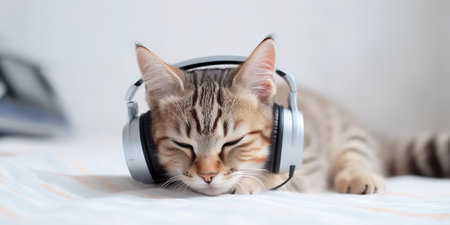 The kitten listens to music with headphones and enjoys it. Generative AI illustration.の素材