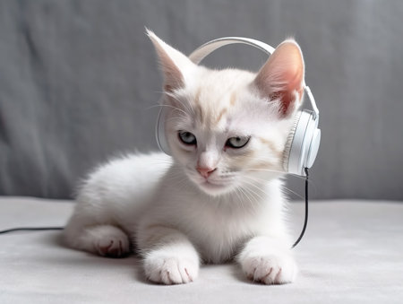 The kitten listens to music with headphones and enjoys it. Generative AI illustration.の素材