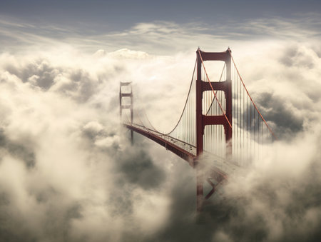 Bridge in the clouds going to sunrise. Beautiful freedom moment and peaceful atmosphere in natureの素材
