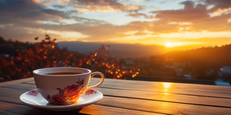 A cup of coffee on a wooden table against the background of mountains.の素材