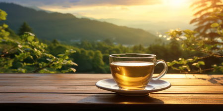 A cup of green tea on a wooden table against the background of the mountains of the rising sun in the mountains.の素材