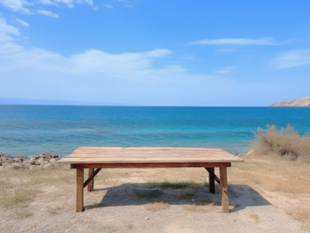 Wooden table on the background of the sea, island and the blue sky. High quality photo.の写真素材
