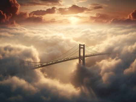 Bridge in the clouds going to sunrise. Beautiful freedom moment and peaceful atmosphere in natureの素材