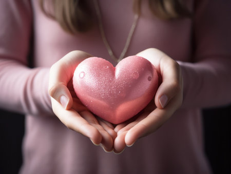 Close-up of mom's hands holding a pink heart close-up.の素材