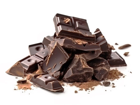 Pieces of dark chocolate isolated on white backgroundの素材