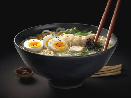 Ramen soup with noodles, leek, nori, soft egg and chashu chicken on a dark background. Chopsticks hold noodles