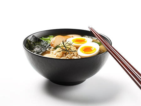 Ramen soup with noodles, leek, nori, shiitake mushroom, soft egg and chashu chicken on white background. Chopsticks holding eggの素材