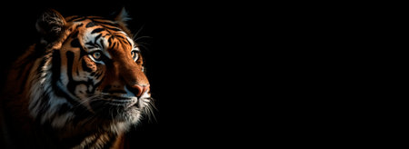 head profile closeup of striped tiger isolated on black background with copyspace areaの素材