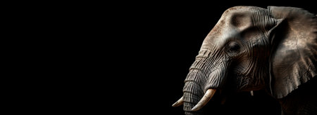 head profile closeup of elephant isolated on black background with copyspace areaの素材