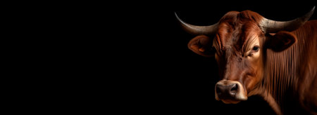 closeup of the head of an angry brown bull or the profile of a cow, highlighted on a dark background with a space to copyの素材