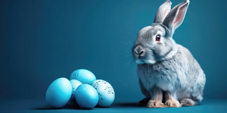 Easter - Cute Bunny With Decorated Eggs. Adorable Bunny With Easter Eggs. On a blue background.の素材