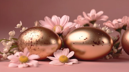 golden Easter eggs and spring flowers on a peach background. Spring break concept with copy space. Top viewの素材