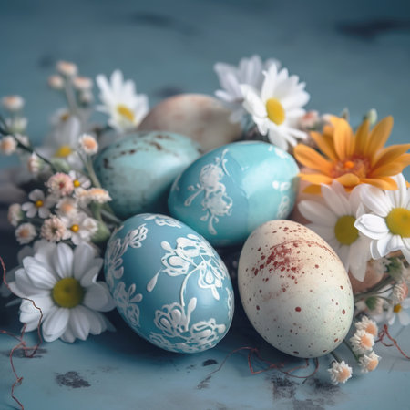 Easter eggs and springtime flowers over blue background. Spring holidays concept with copy space.の素材