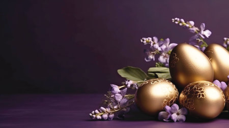 golden Easter eggs and spring flowers on a purple background. Spring break concept with copy space. Top viewの素材