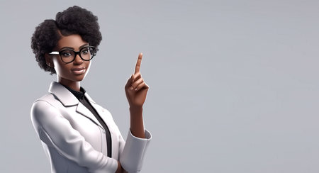 3d rendering. African woman doctor in glasses with finger up, healthcare professional. Black female cartoon character. Medical illustration, Idea conceptの素材