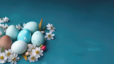 Easter eggs and springtime flowers over blue background. Spring holidays concept with copy space. Top viewの素材