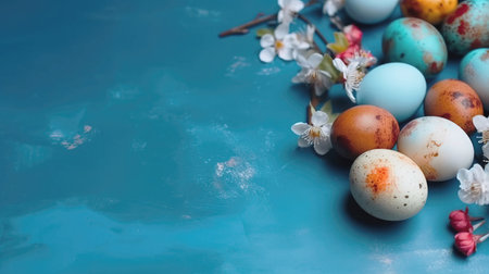 Easter eggs and springtime flowers over blue background. Spring holidays concept with copy space. Top viewの素材