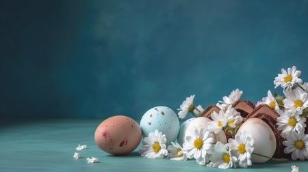 Easter eggs and springtime flowers over blue background. Spring holidays concept with copy space.の素材