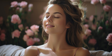 a happy girl, closing her eyes, smilingの素材