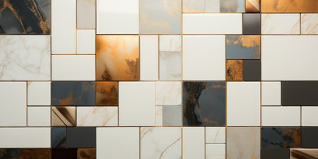 Patchwork Fusion of White Marble and Metallic Tiles Texture Background.の素材