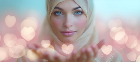 A Muslim woman in a hijab headscarf on a beautiful blurred background. A banner with an empty space for the textの素材