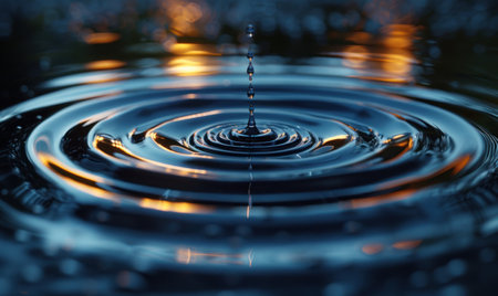 A perfect water droplet splashed ripples. Pure blue, minimalist pictureの素材