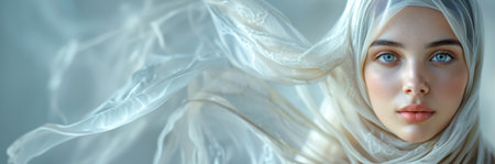 A beautiful Muslim girl in a hijab on a blurred background in close-up. A banner with a place for textの素材