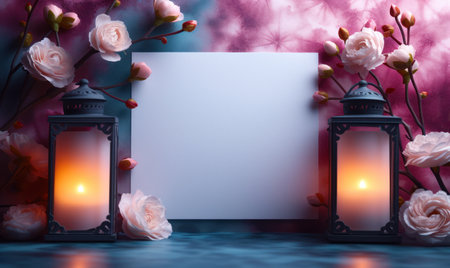 Ramadan background, a template for wishes. A white greeting card for congratulations and wishes on Ramadan or a Muslim holiday.の素材