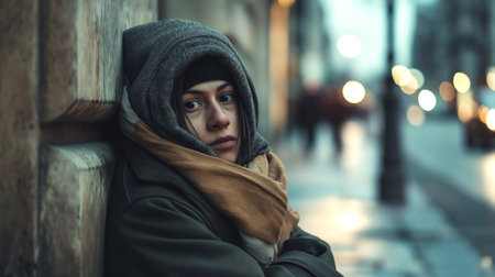 Homeless young woman in a hoodie and scarf with blurred city lights in the background. Hungry homeless begging for help and money, Problems of big modern cities.の素材