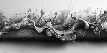 Abstract Flowing Liquid Art. Black and White Fluid Motion. Artistic Swirls and Dropletsの素材