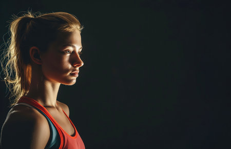 Profile of Female Athlete. Focused Sportswoman in Dark Light. Determined Girl Athlete. for fitness, health, motivation themes, athletic, training, strength concepts, sports, inspiration, exercise topics.の素材