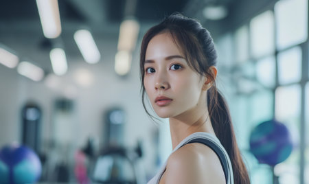 Portrait of beautiful Asian woman doing exercise in the gym.の素材