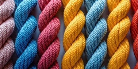 Multicolored ropes as background, closeup. Textile industryの素材