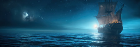 Sailing ship in the sea at night. 3D illustration.の素材