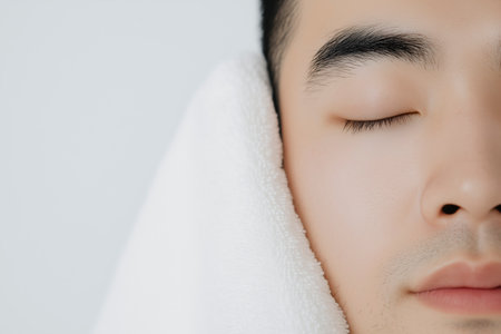 Young man relaxing with white towel on face enjoying wellness treatmentの素材