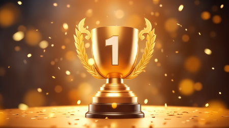 Golden trophy celebrating first place achievement with falling confettiの素材