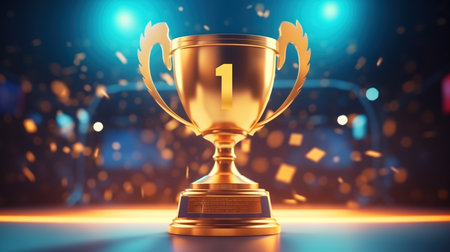 Golden trophy celebrating victory with falling confetti on stageの素材